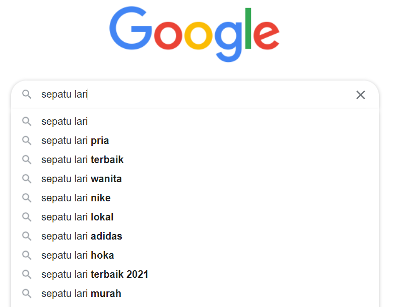 Google search autofill untuk keyword sepatu lari