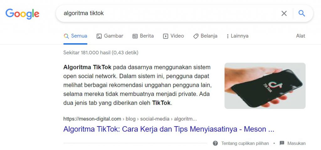 Meson Digital featured snippet untuk keyword algoritma TikTok